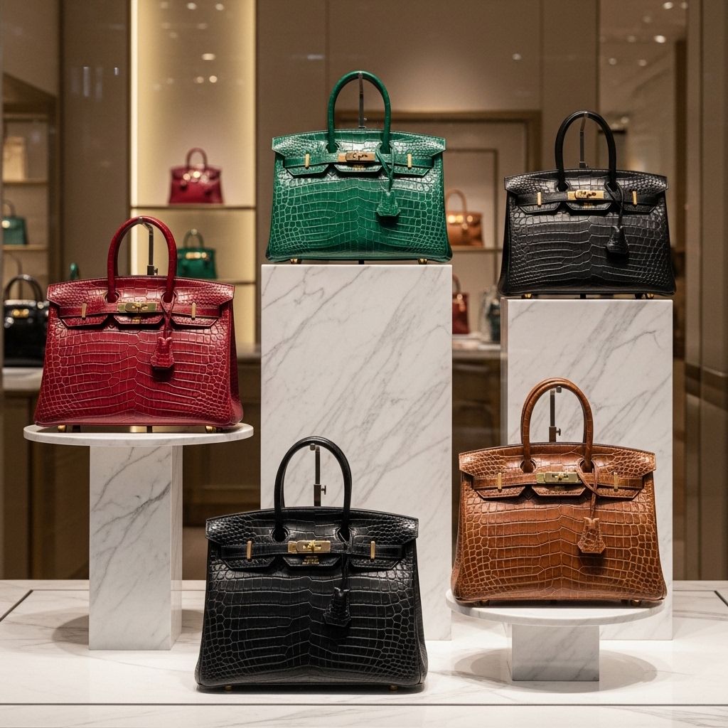Витрина бутика Hermès с сумками Birkin из крокодиловой кожи разных расцветок на подставках из белого мрамора, золотые фурнитуры блестят под прожекторами